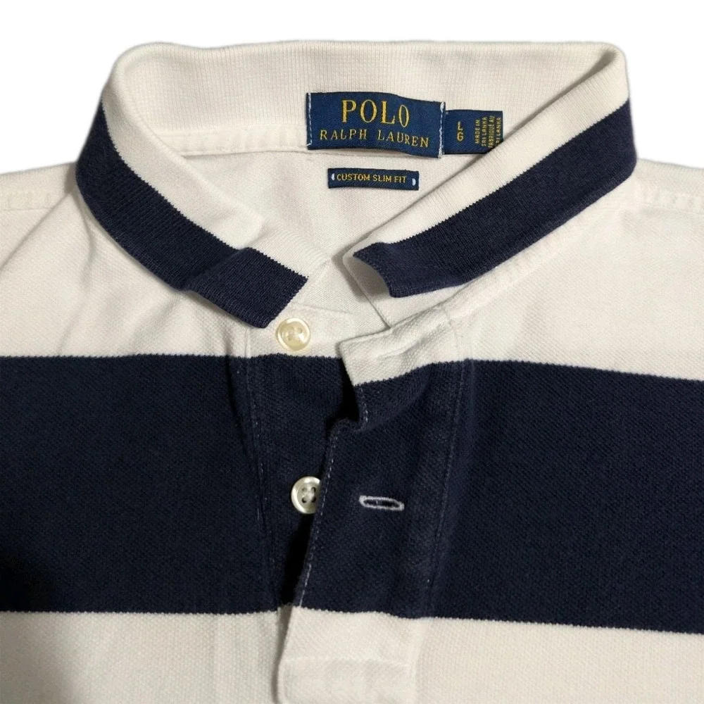 Polo Ralph Lauren Custom Slim Fit Polo Shirt Mens Large Rugby Stripe White Navy